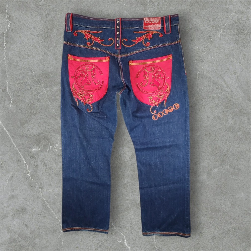 Coogi Jeans Mens 40x34 Blue Red Gold Embroidered Streetwear Y2K Baggy Wide Leg